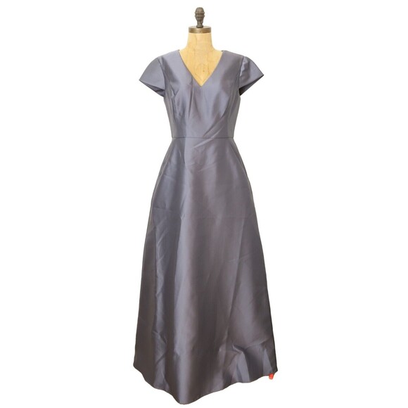 Alfred Sung Sateen Twill Cap Sleeve Dress 8 Gown Silverstone Gray V-Neck NWT B3 - Picture 2 of 6